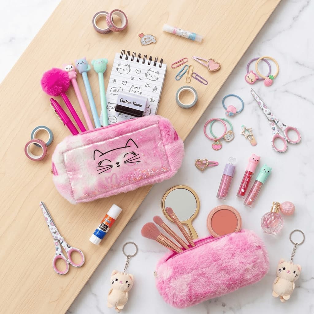 Nécessaire Gatinho Meow Porta Maquiagem Estojo Escolar Fofo Rosa Veludo