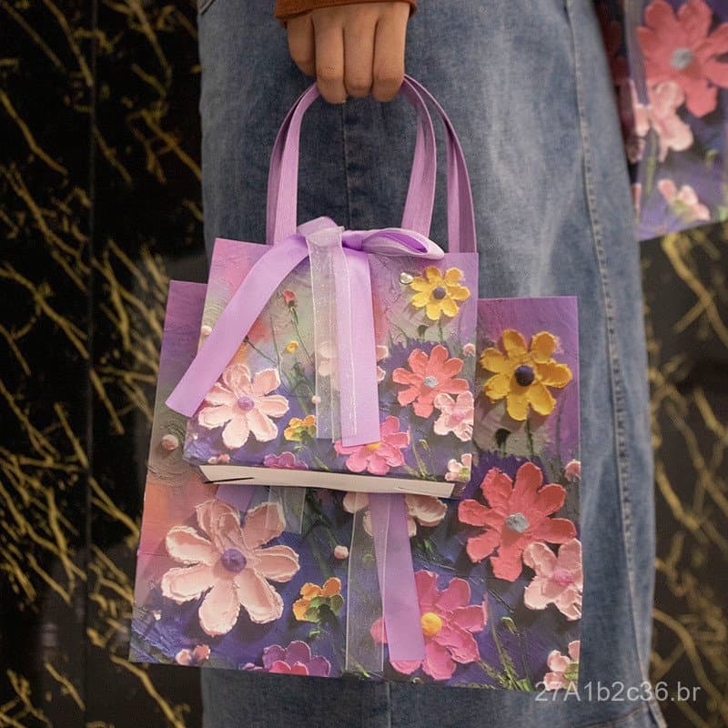 Sacola de presente com flores tridimensionais em estilo pintura a óleo, sacola de embalagem para presente de Dia das Mãe