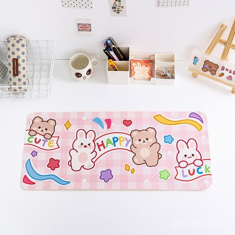 Tapete de mesa à prova d'água com desenho de urso e coelho, estilo fofo e feminino, para estudantes e dormitórios.