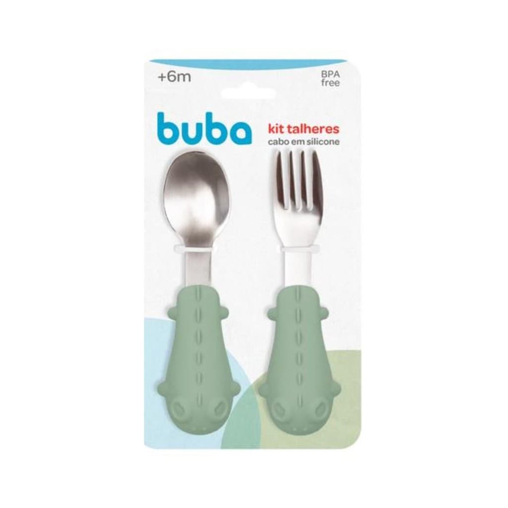Kit Talheres Infantil Dino Verde Buba - Silicone Inox Colher Garfo Alimentação