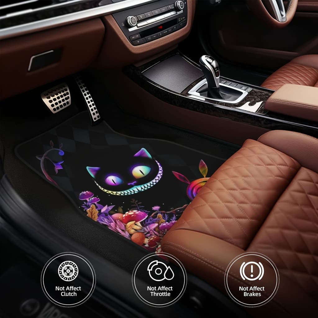 Conjunto de 4 peças de tapete de pé de carro estampado com padrão de gato preto - acessórios internos de cobertura total
