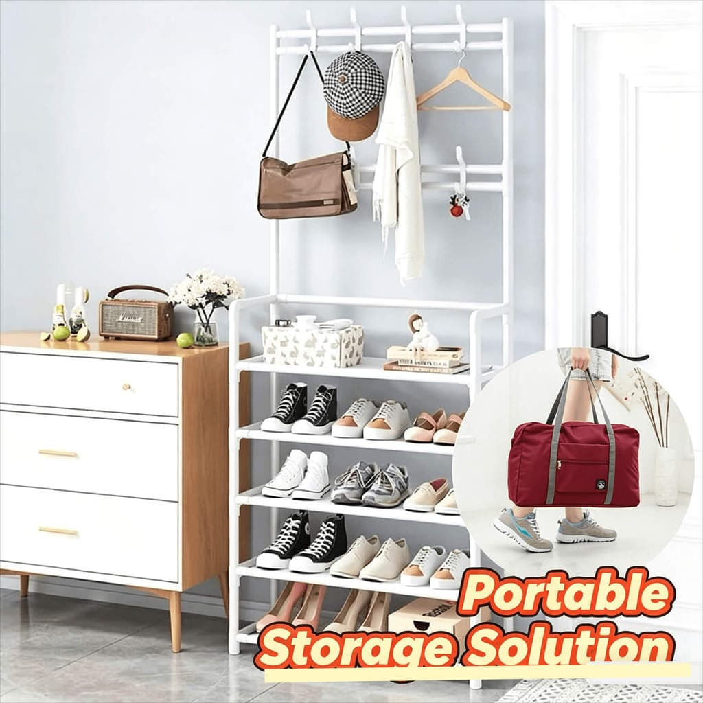 Combo Organizador: Sapateira Vertical 5 Andares 170cm + Bolsa de Viagem Dobrável Impermeável