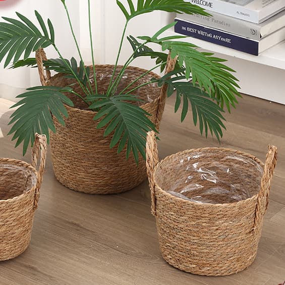 Vaso de flores tecido de palha, cesta portátil de tecido para sala de estar, decoração portátil, planta verde, vaso de f