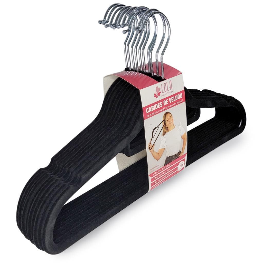 Cabide de Veludo Slim Adulto 45cm Preto 10 pecas