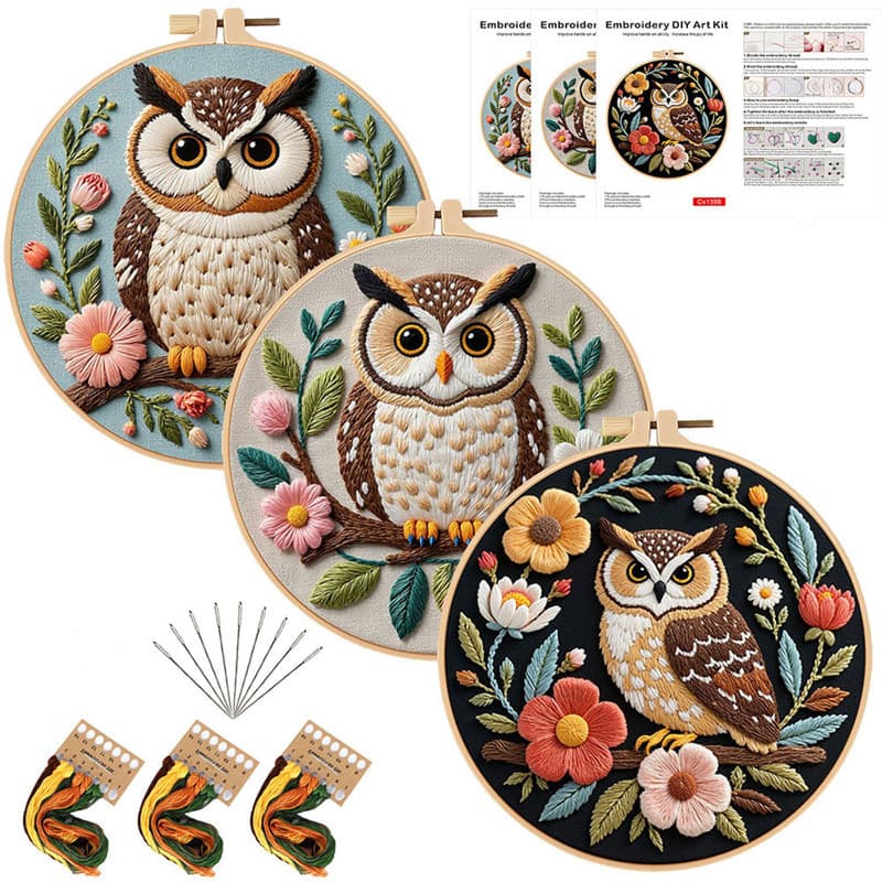 Coruja Com Kit De Bordado De Flores Instruções EN Pano Estampado Padrão Presente Artesanal Faça Você Mesmo Para Adultos
