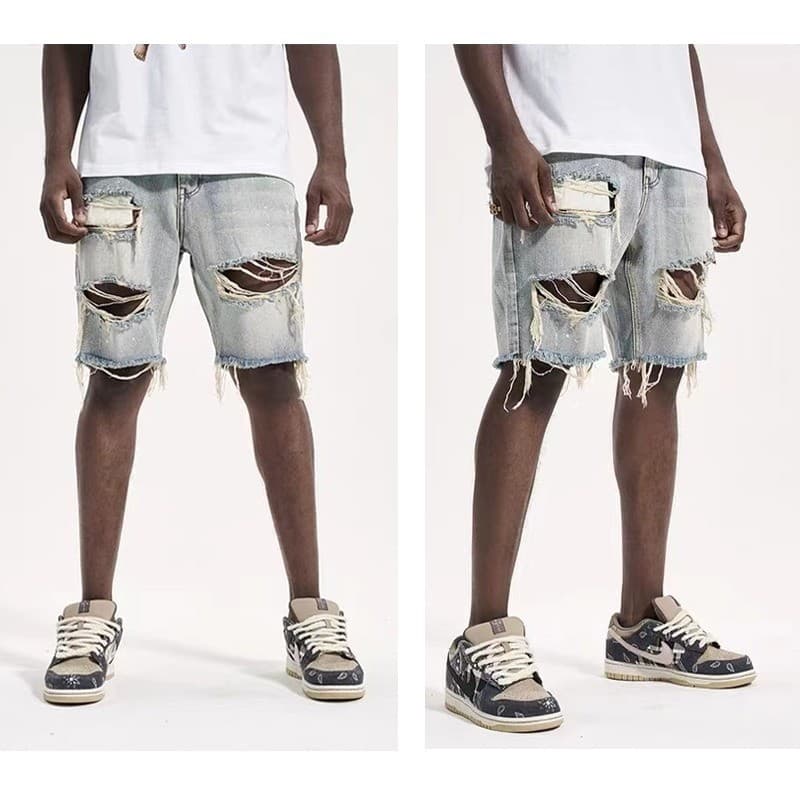 High Street Retro Rasgado Shorts Masculino Plus Size Angustiado Borda Bruta Beggar Denim Calças de Cinco Pontos ins