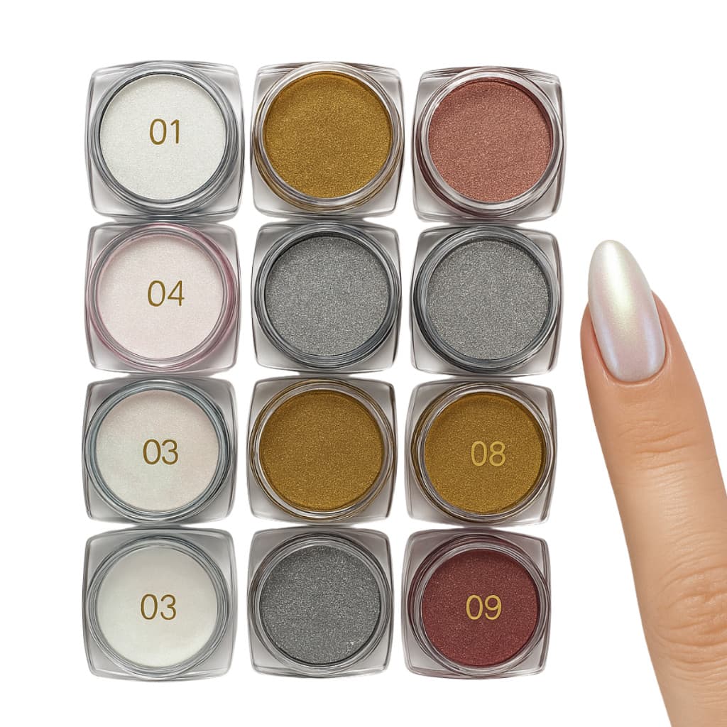Paleta de Pós Cromados e Metalizados com Brilho Intenso para Unhas Deslumbrantes