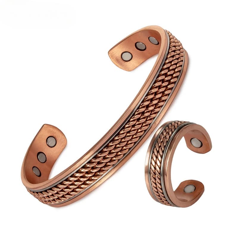 Conjunto de Joias de Cobre Puro Magnético Torcido - Pulseira Ajustável Anel Ímã Redimensionável Conjunto de Joias para S