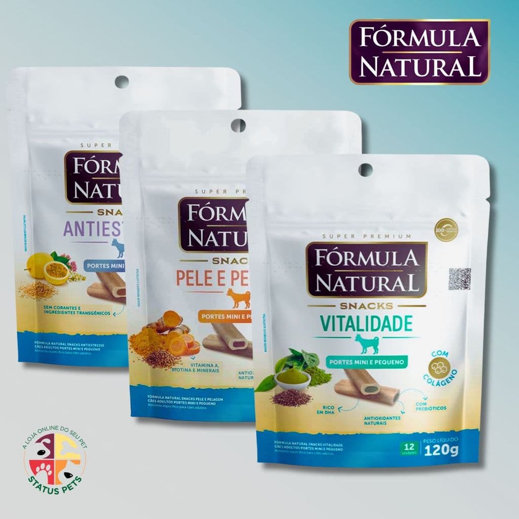 3 Snacks Funcionais Natural 120g Cães Mini/Pequenos - Vitalidade,  Antiestresse,  Pele e Pelagem