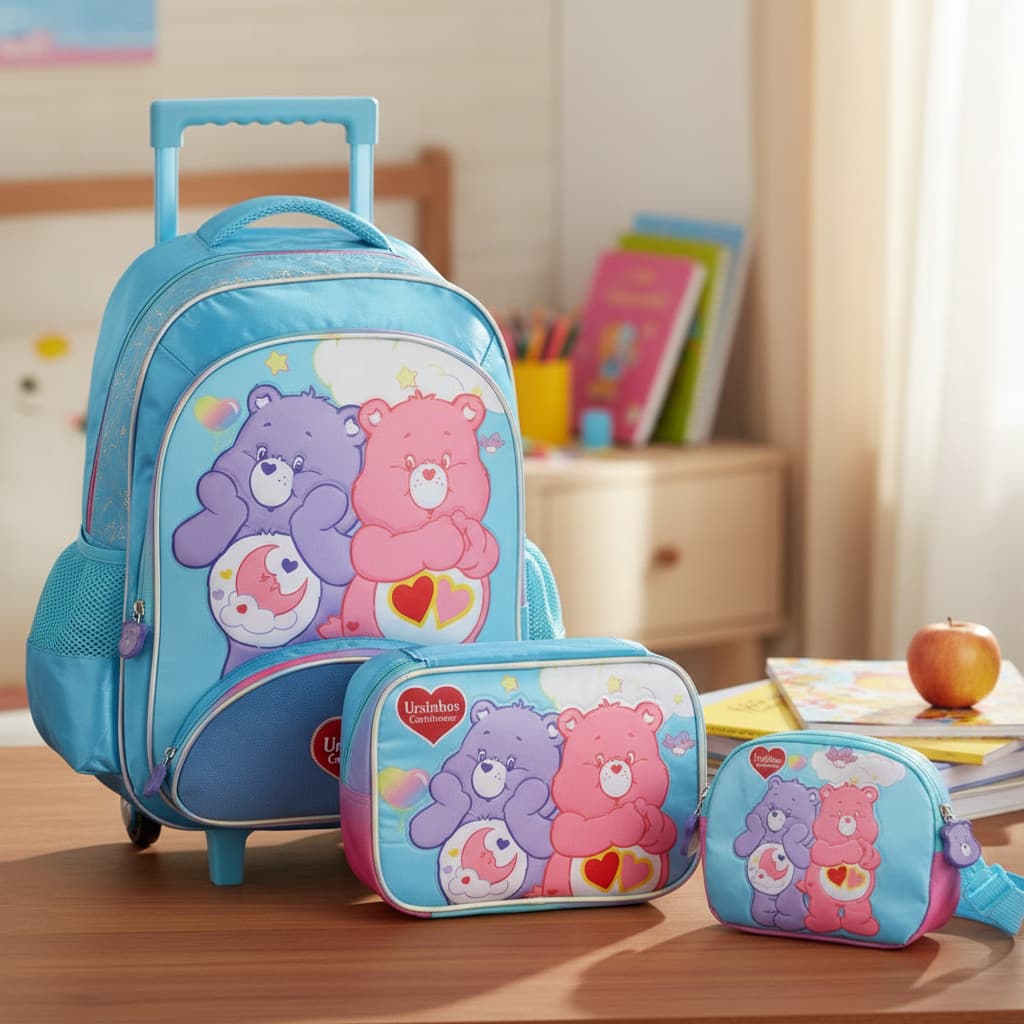 Mochila Ursinhos Carinhosos Rodinha Lancheira Estojo Azul