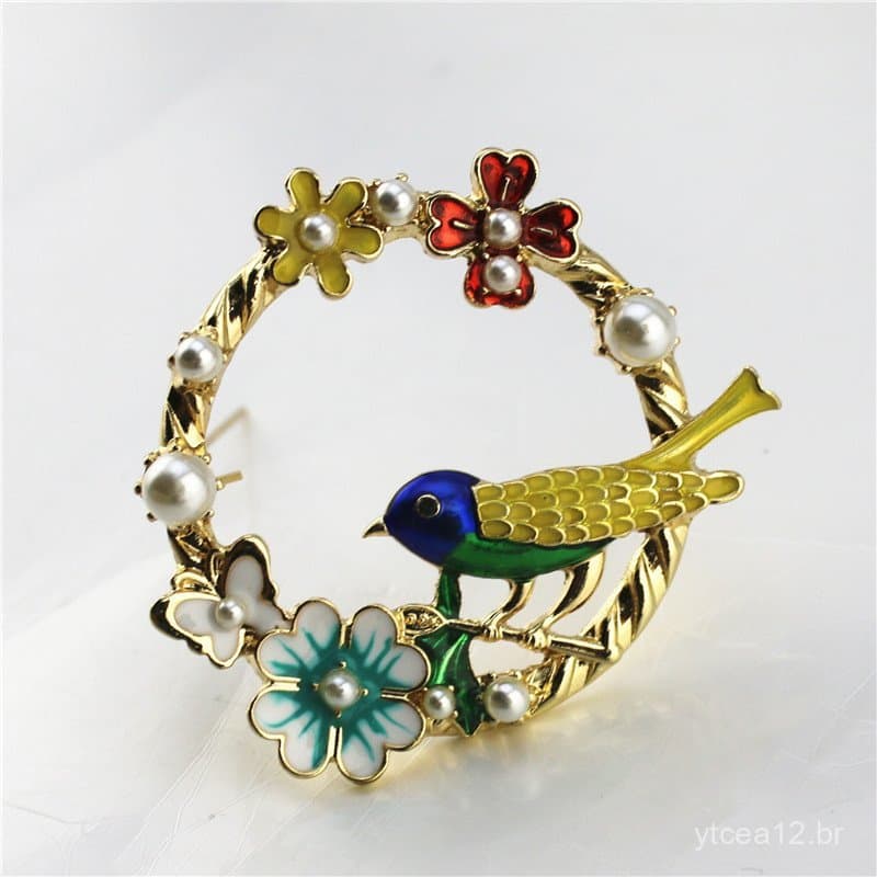 Novo broche elegante para mulheres, com design original de motivos florais e de pássaros em esmalte colorido, estilo eur