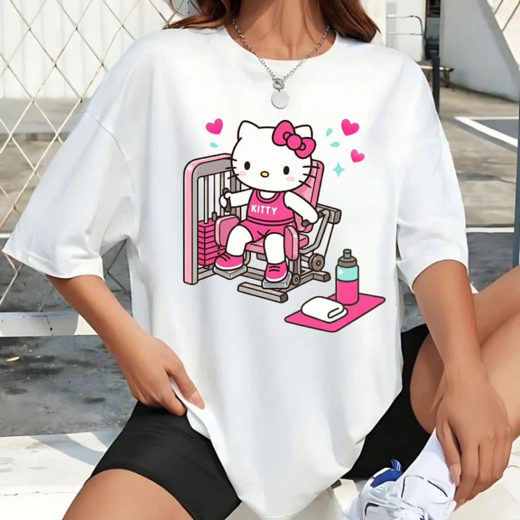 Camiseta Estampada Hello Kitty Fitness Cadeira Abdutora Adutora para Treino Academia Treino de Perna em Algodão