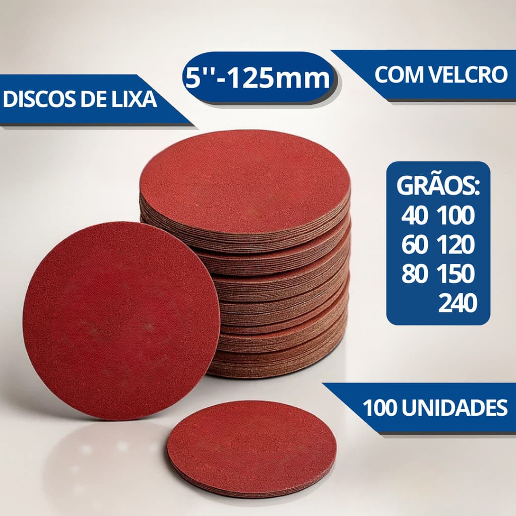 Disco de Lixa para Lixadeira Orbital 125mm Kit 100UN de Lixas para Ferro, Metal, Madeira e Massas