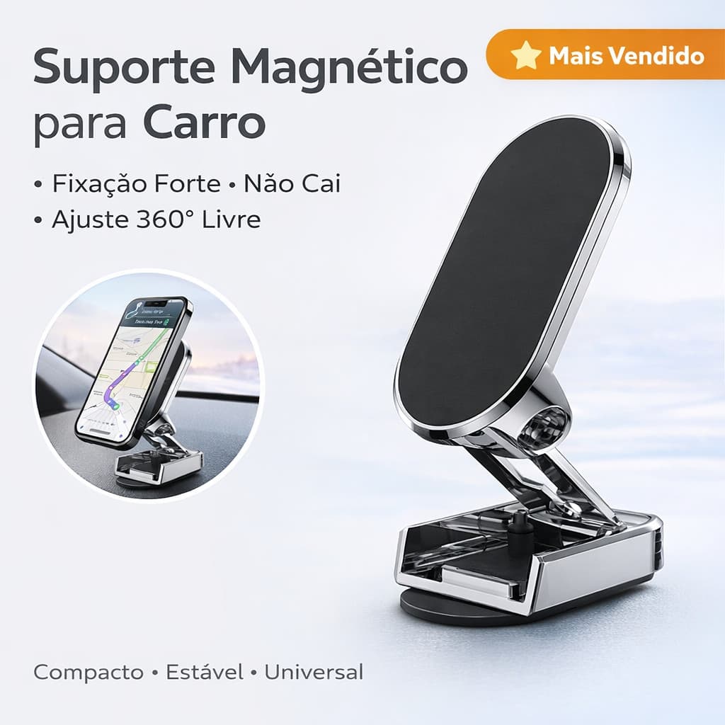 Suporte Veicular Magnético 360° para Celular Ajustável Antiderrapante Fixação Forte Universal Carro