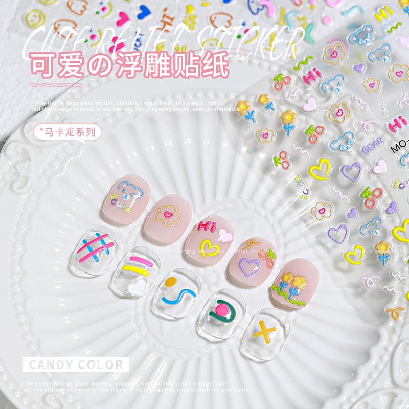 Influenciador venda quente em relevo manicure adesivos linha Graffiti urso coelho flor jóias de unhas decalques de manic
