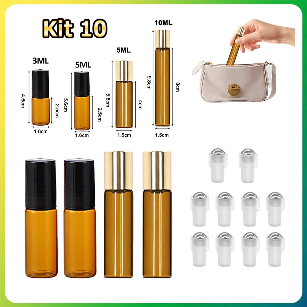Kit 10 Frasco roll-on de vidro âmbar frasco para óleos essenciais frasco para amostras frasco à prova de vazamentos