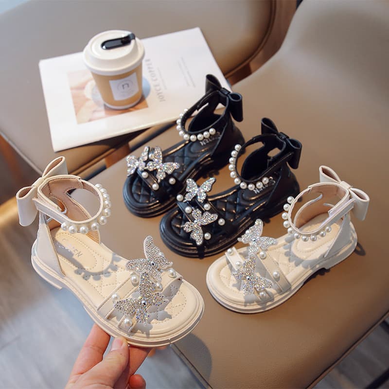 Meninas sandálias romanas 2024 novo estilo verão meninas moda bonito sola macia arco strass princesa sapatos infantis