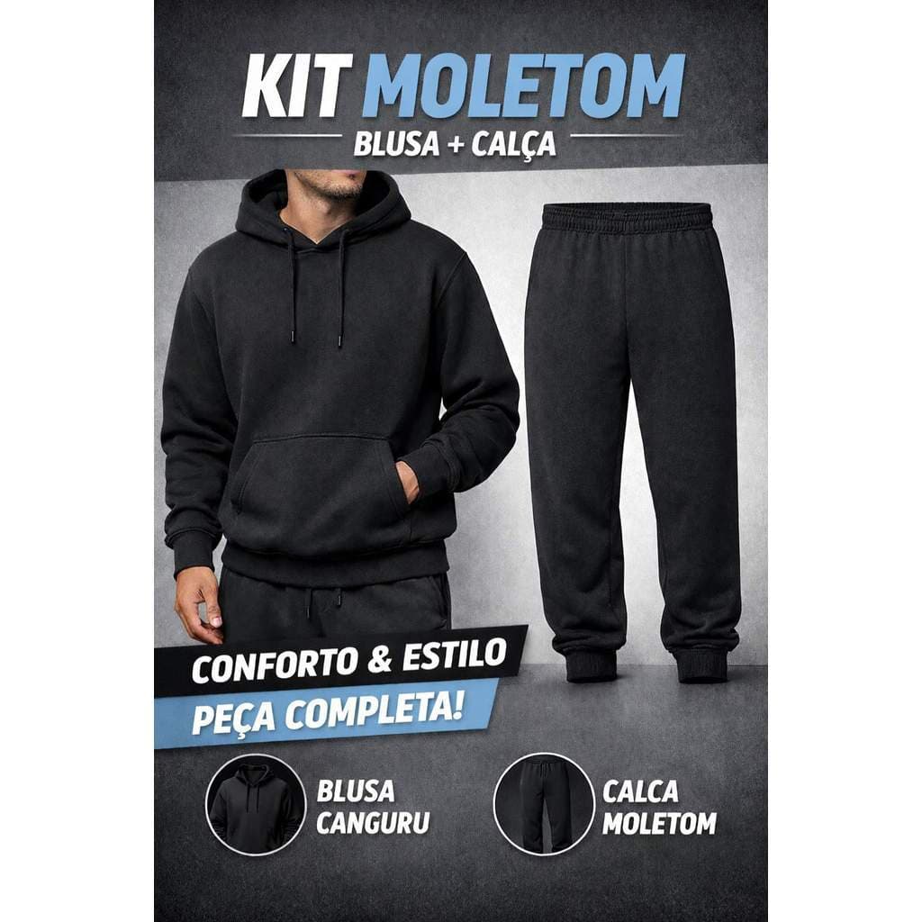 Kit Moletom Canguru + Calça Flanelada Masculino Preto | Conjunto Inverno Quentinho Sem Cordão