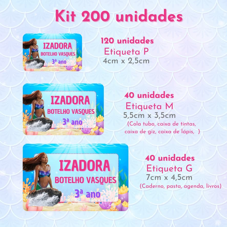 Etiquetas Escolares Ariel Filme Pequena Sereia | Volta às Aulas | Material Escolar | Etiqueta para Lápis Caneta Caderno