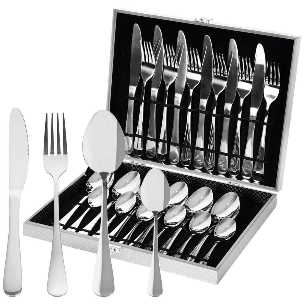 Faqueiro 24 Peças Aço Inox Com Maleta MDF Prata Jogo De Talheres Luxo Para Presente E Jantar