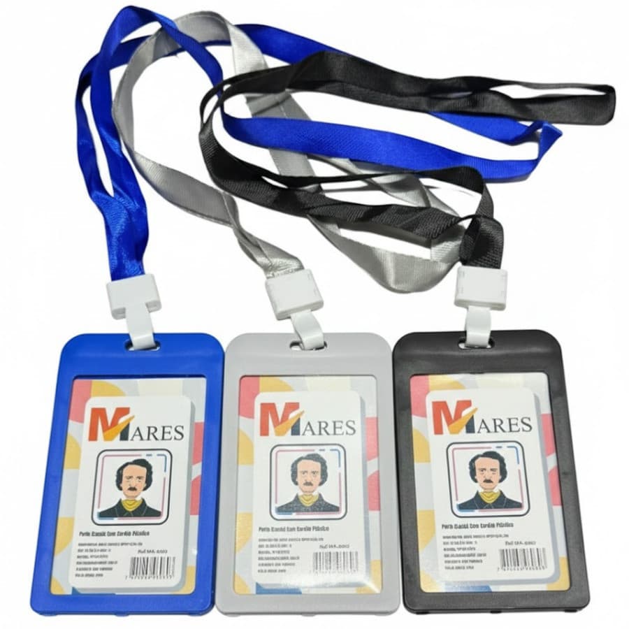 Porta Crachá e Cartão com Cordão e Clip Vertical em Plástico – Cores Sortidas