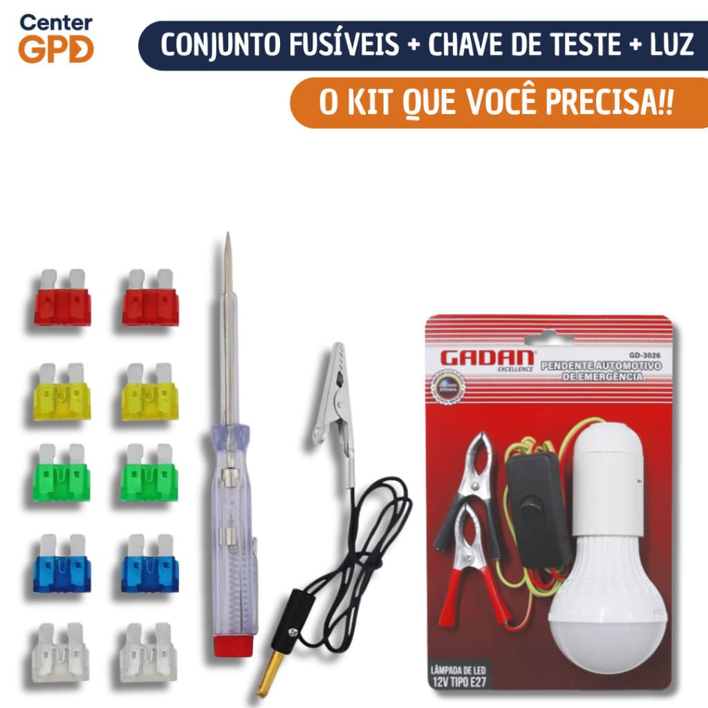 Kit com 10 Fusíveis Com Chave De Teste + Luz Automotiva De Emergência 12V