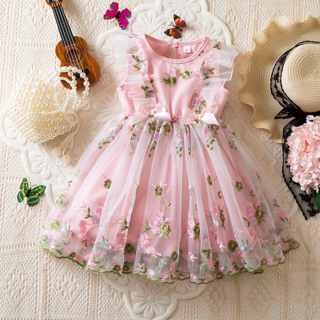 3-8 Anos De Idade Menina Bonito Flor Bordado Chiffon Arco Vestido Crianças De Princesa Mangas Babados Verão Macio Respir
