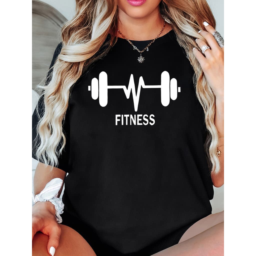 Camiseta Fitness Feminina com Estampa de Halteres e Batimentos Cardíacos  Casual Respirável, Gola Redonda Manga Curta