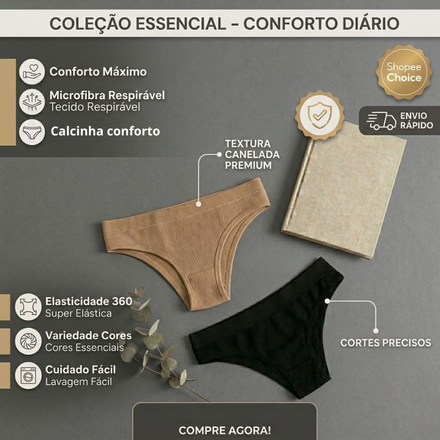 Kit 5 Calcinha Tanga Canelada Feminina Toque Suave Alta Elasticidade Sem Marcar Roupa Conforto Diário