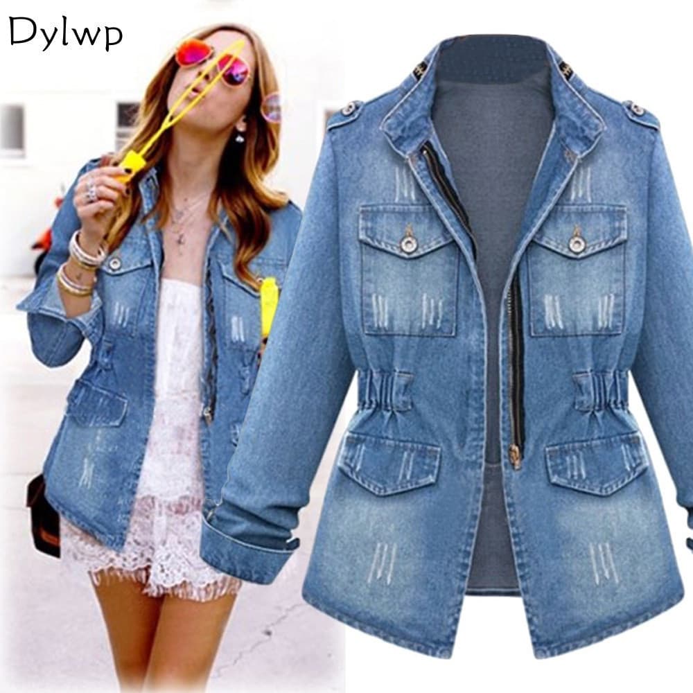 5XL Plus Size Feminino Manga Longa Jaqueta Jeans Primavera E Outono Casual Sólido Fino Bolso Casaco