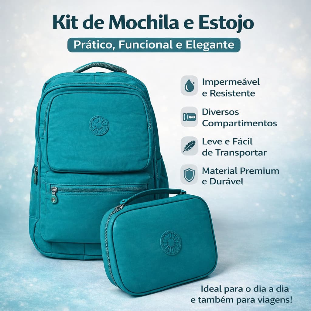 Kit Mochila Grande Nylon + Estojo Feminino Masculino para Uso Diário Escolar e Trabalho