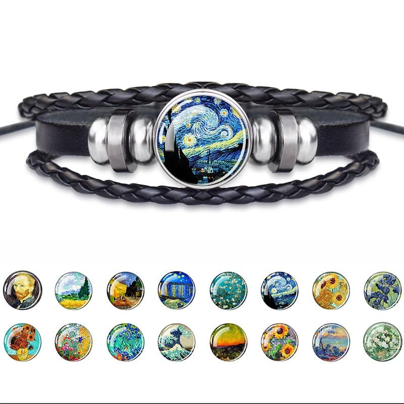 Pulseira de Couro Punk da Série de Arte de Pintura a Óleo de Van Gogh, Bracelete de Girassol e Estrela, Presente Decorat