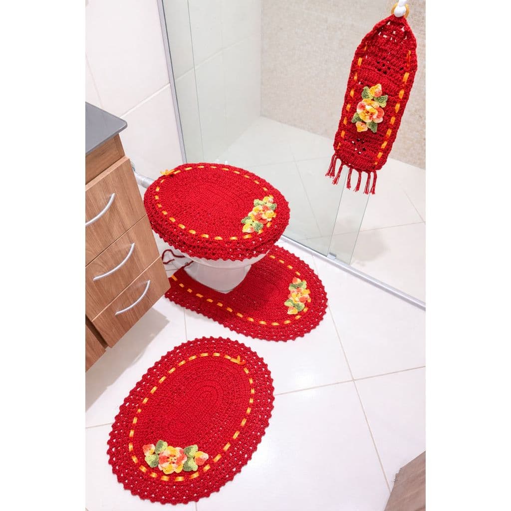 Jogo De Banheiro DE Crochê- 4 Peças Com Porta Papel Higiênico- Feito a Mão