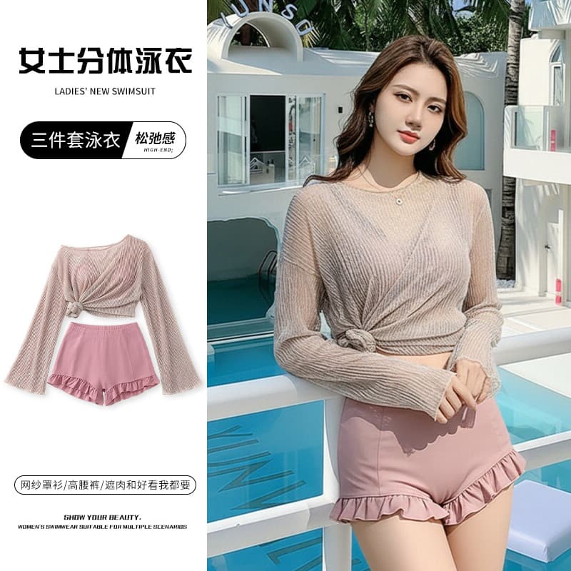 Maiô dividido feminino verão moda na moda terno de três peças cobrindo carne mais magro olhar conservador de manga compr
