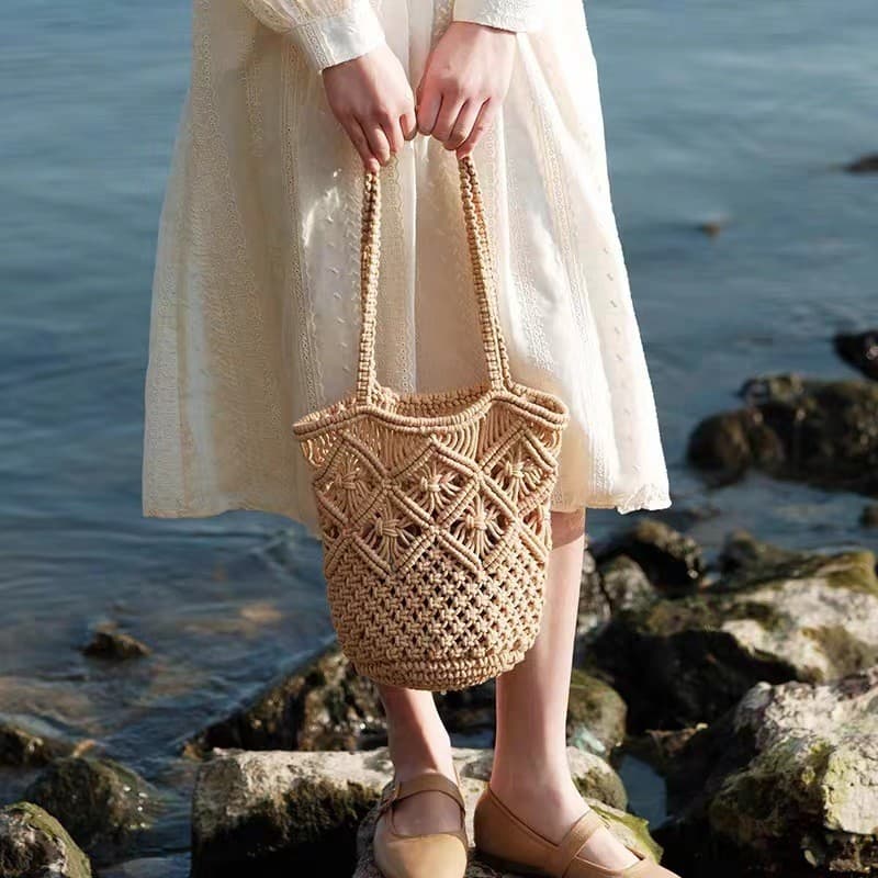 Nova arte simples fio de algodão bolsa de ombro artesanal fio de algodão balde saco tecido bolsa Hainan férias