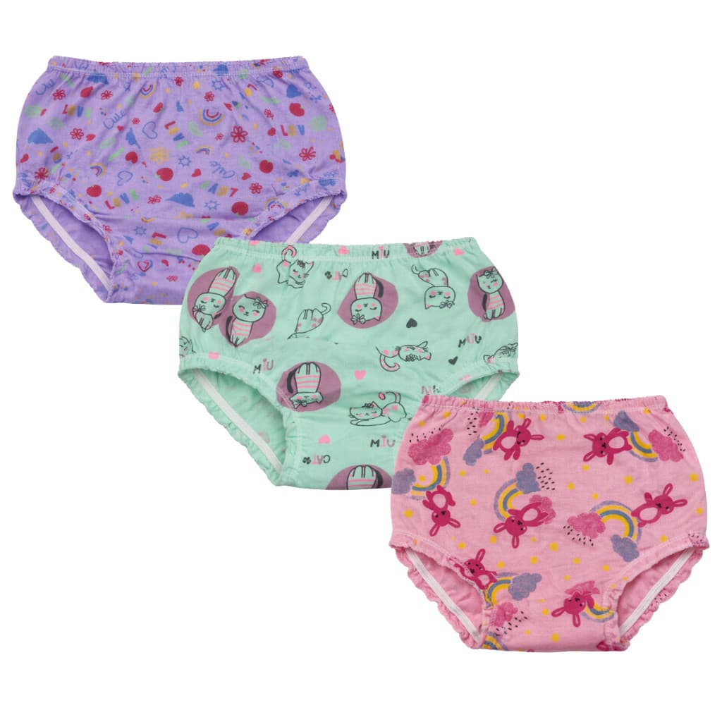 Kit 3 Calcinhas Bebê Menina Estampas Variadas 100% Algodão
