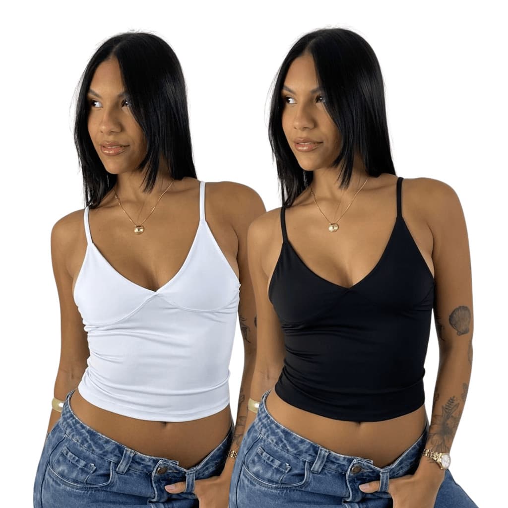KIT 2 Blusa Feminina Efeito Silicone Justinha com Decote em V em Tecido Premium Estilosa Versátil