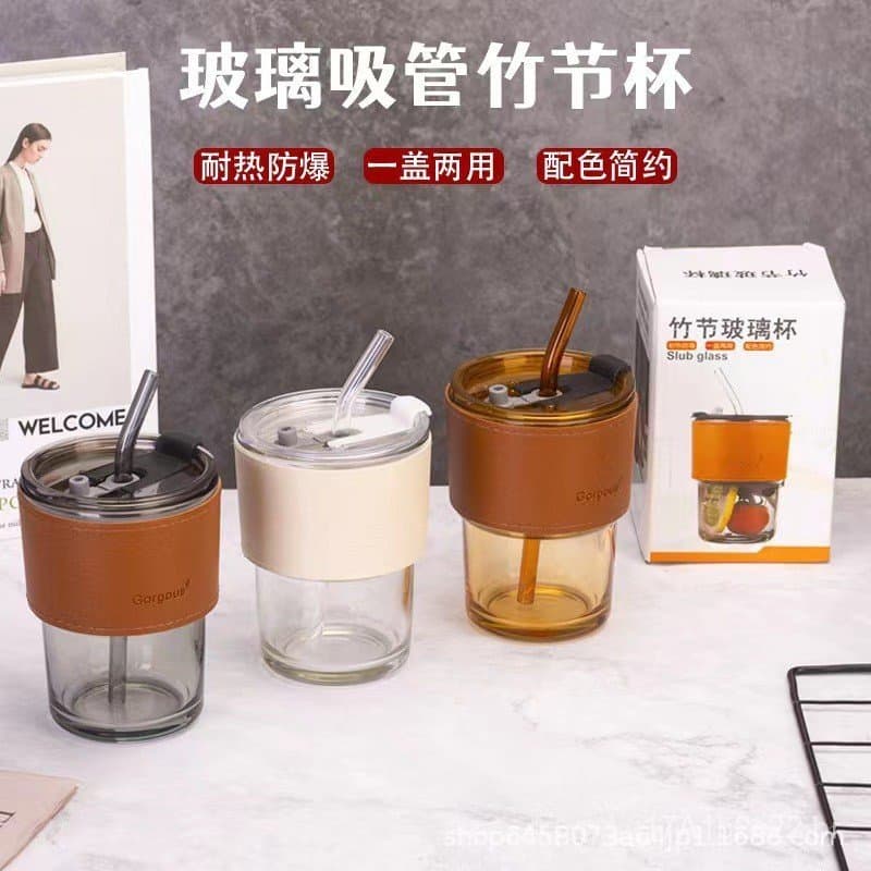 Novo copo de bambu estilo aurora, copo com canudo de vidro resistente ao calor, copo de água portátil, copo de café, cop