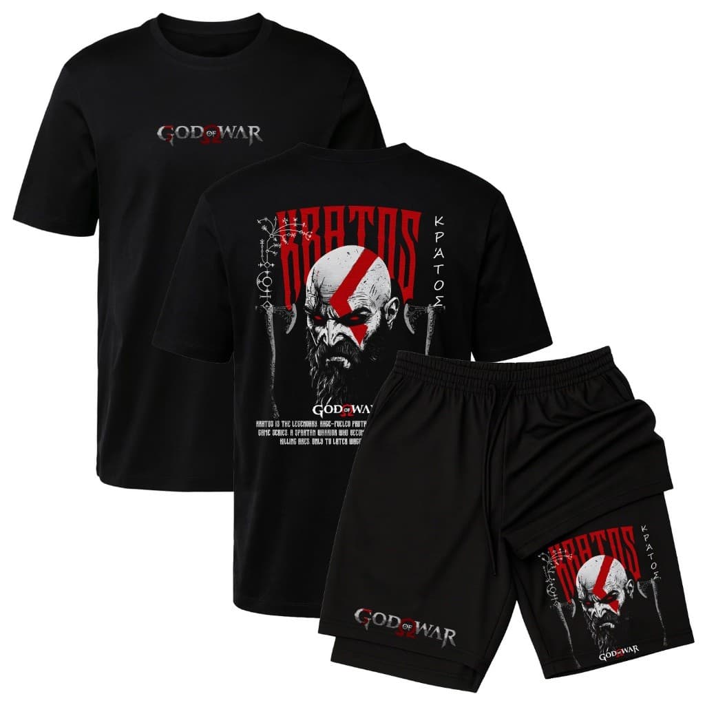 Kit Camiseta + Short 2 em 1 Dry Fit Kratos God Of War Jogo Histórico Bermuda Compressão