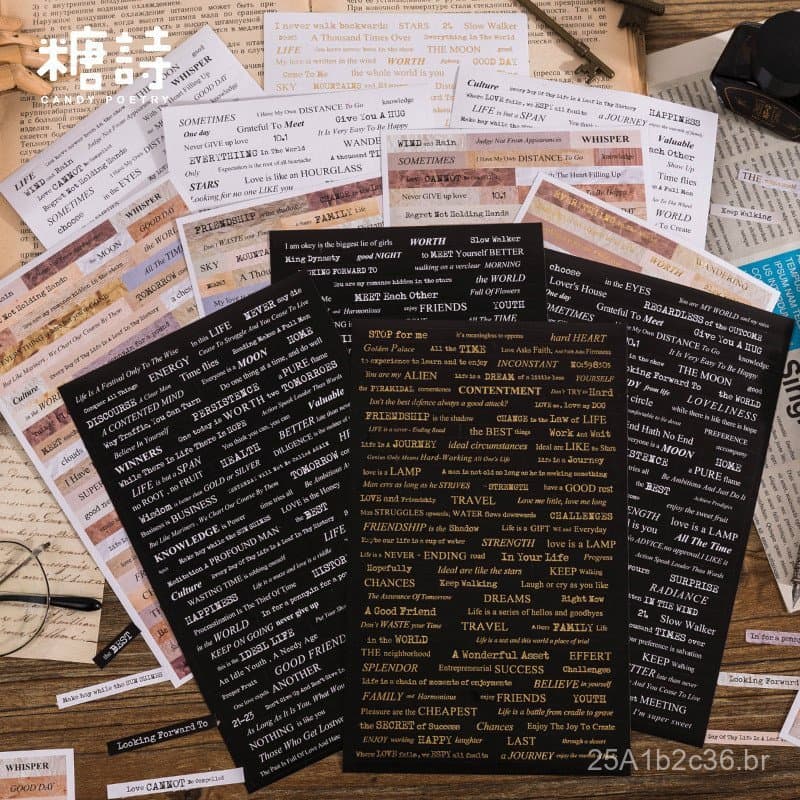 Conjunto de Adesivos Sugar Poetry English: Adesivos Decorativos Recortados em Folha Dourada Vintage para Diário, 3 Desig