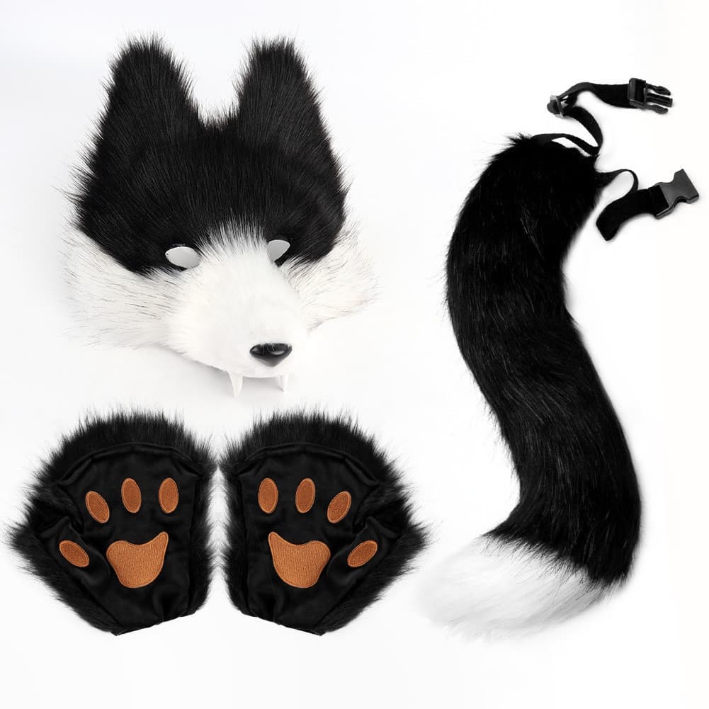 Conjunto de Máscara de Lobo Realista com Presas de Lobo 3D, Cauda de Animal de Pelúcia para Cosplay, Acessórios para Fes