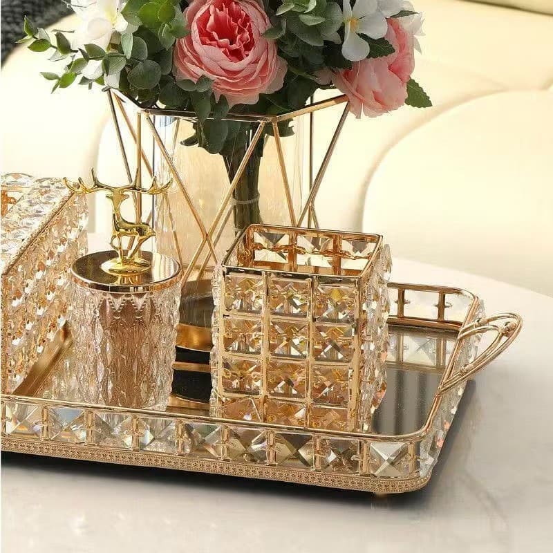 Porta-canetas de cristal quadrados e redondos, organizadores criativos de mesa para pincéis de maquiagem.