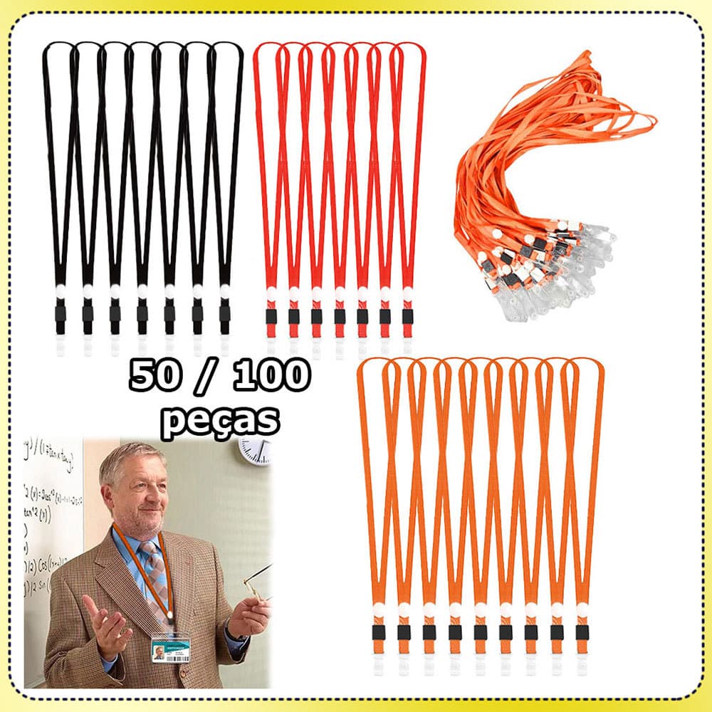 Cordões Porta Crachá Cordão Cordão para cartão de identificação com gancho plano Lanyard Suporte Poliéster - 50/100 uni