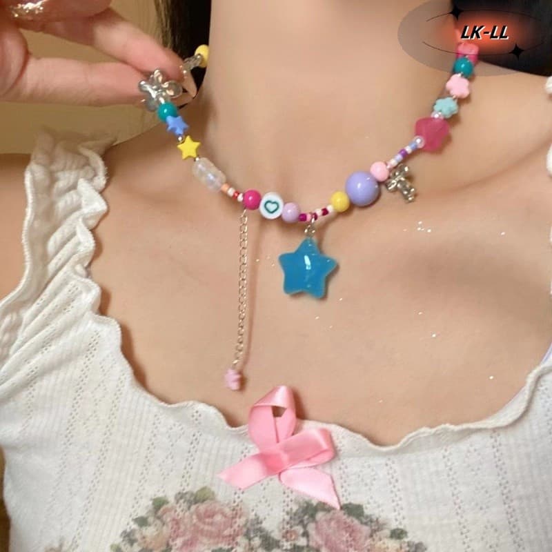 1 Peça Colar de Franjas Longas Coloridas de Dopamina para Mulheres, Corrente Curta Ajustável em Estrela, Acessório de Jo
