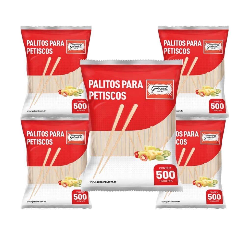 Palito para Petiscos Gaboardi Kit com 5 Pacotes 2.500 Unidades Madeira Natural