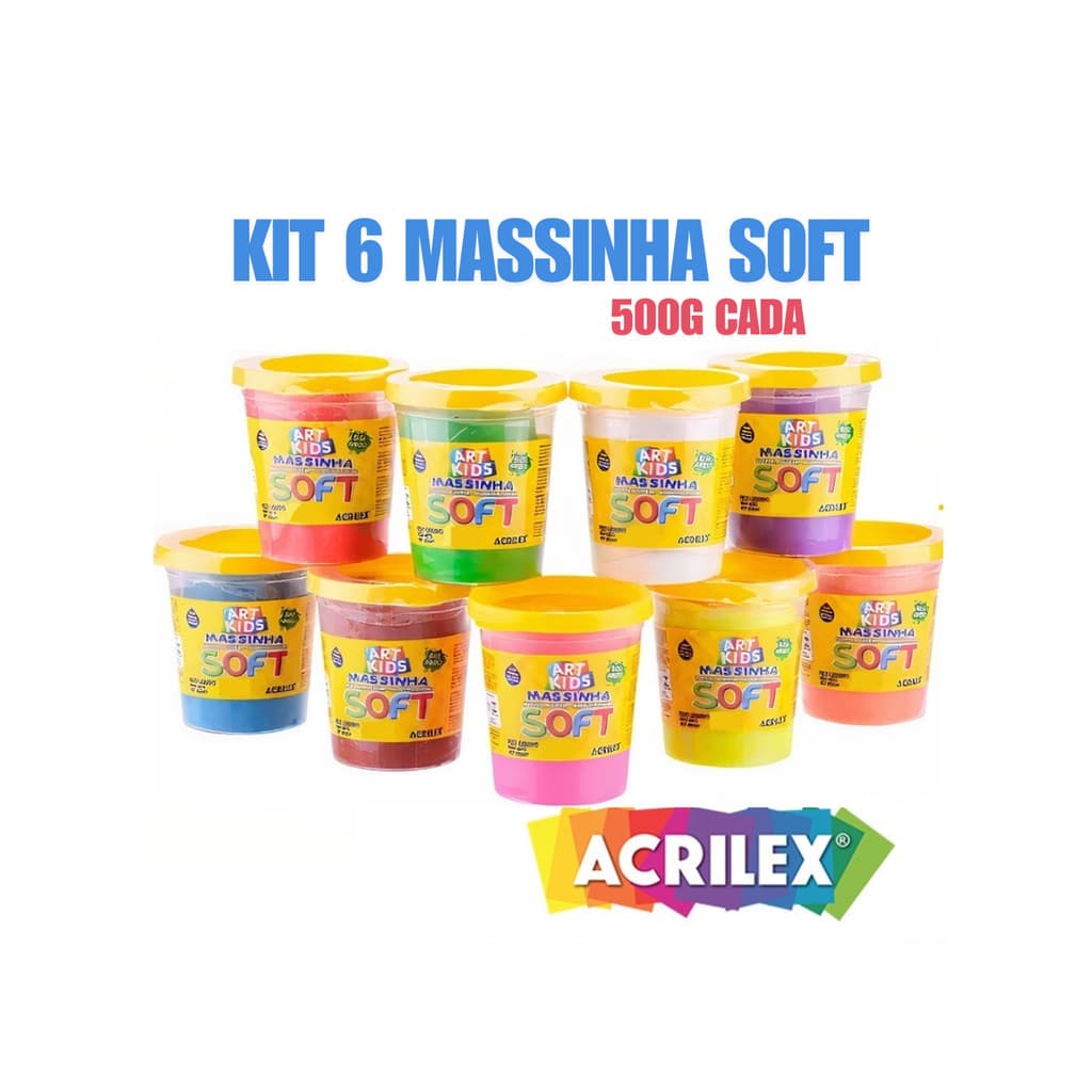 Kit 6 UND Massa/Massinha de Modelar infantil no Pote Cores Sortidas 500g Soft - ACRILEX