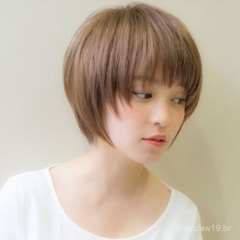 Nova peruca estilo coreano para meninas, cabelo curto com franja lateral estilosa, cabelo curto e liso estilo soft girl,