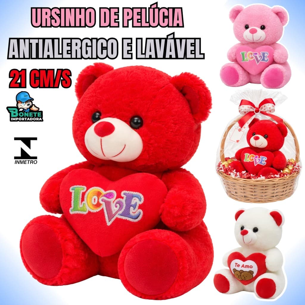Urso de Pelúcia 21cm com Coração – Antialérgico, Lavável com Zíper