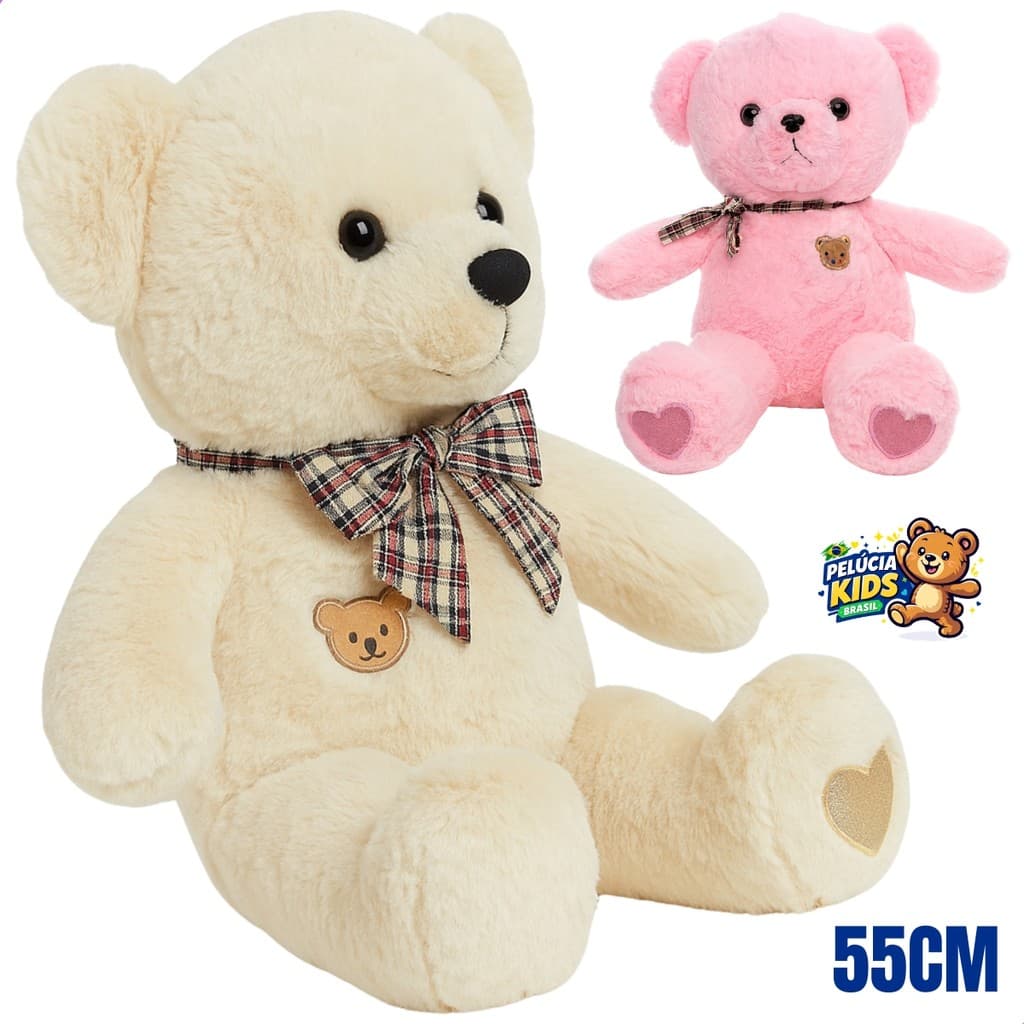 Urso de Pelúcia 55cm Grande – Macio, Antialérgico com Laço Xadrez e Bordado