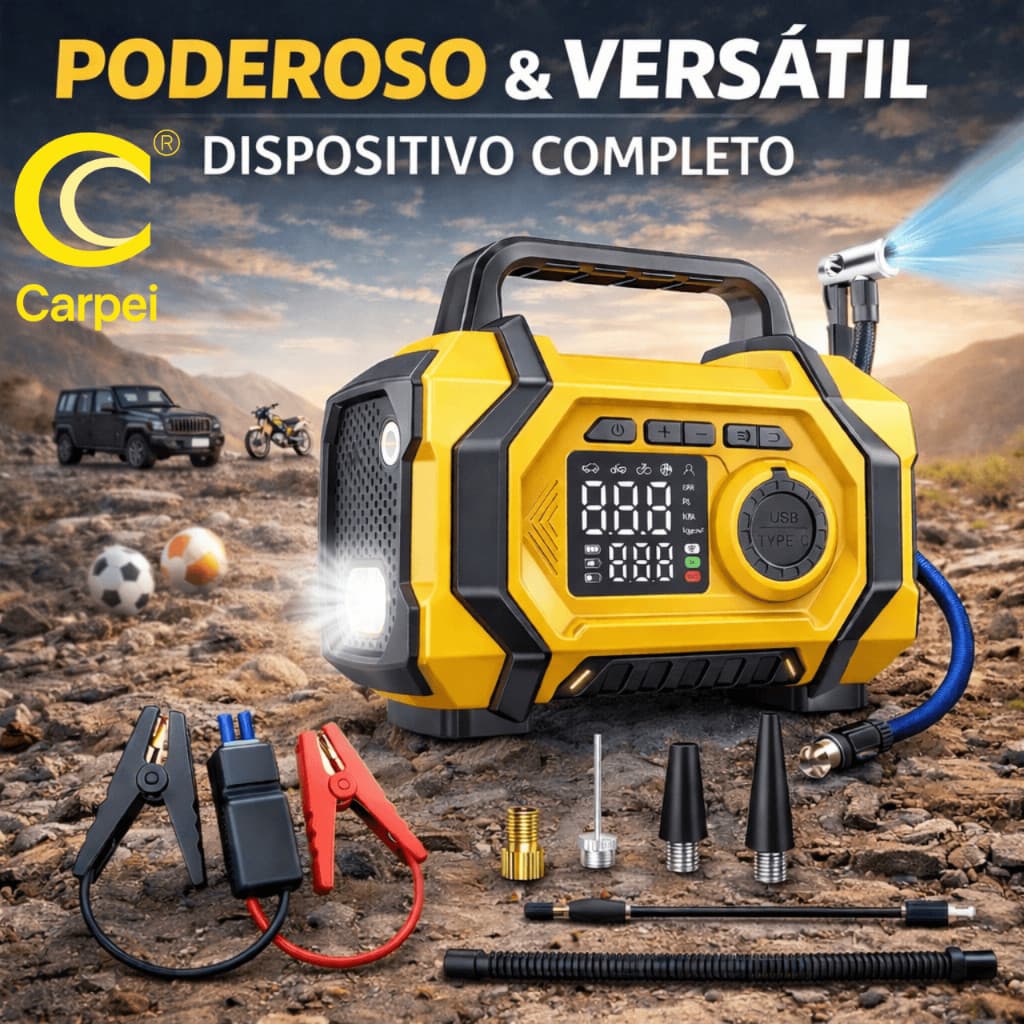5 em 1 - Auxiliador de Partida Compressor Ar PowerBank Led 8000 mAh 3500 Pa 6 Funções Carro